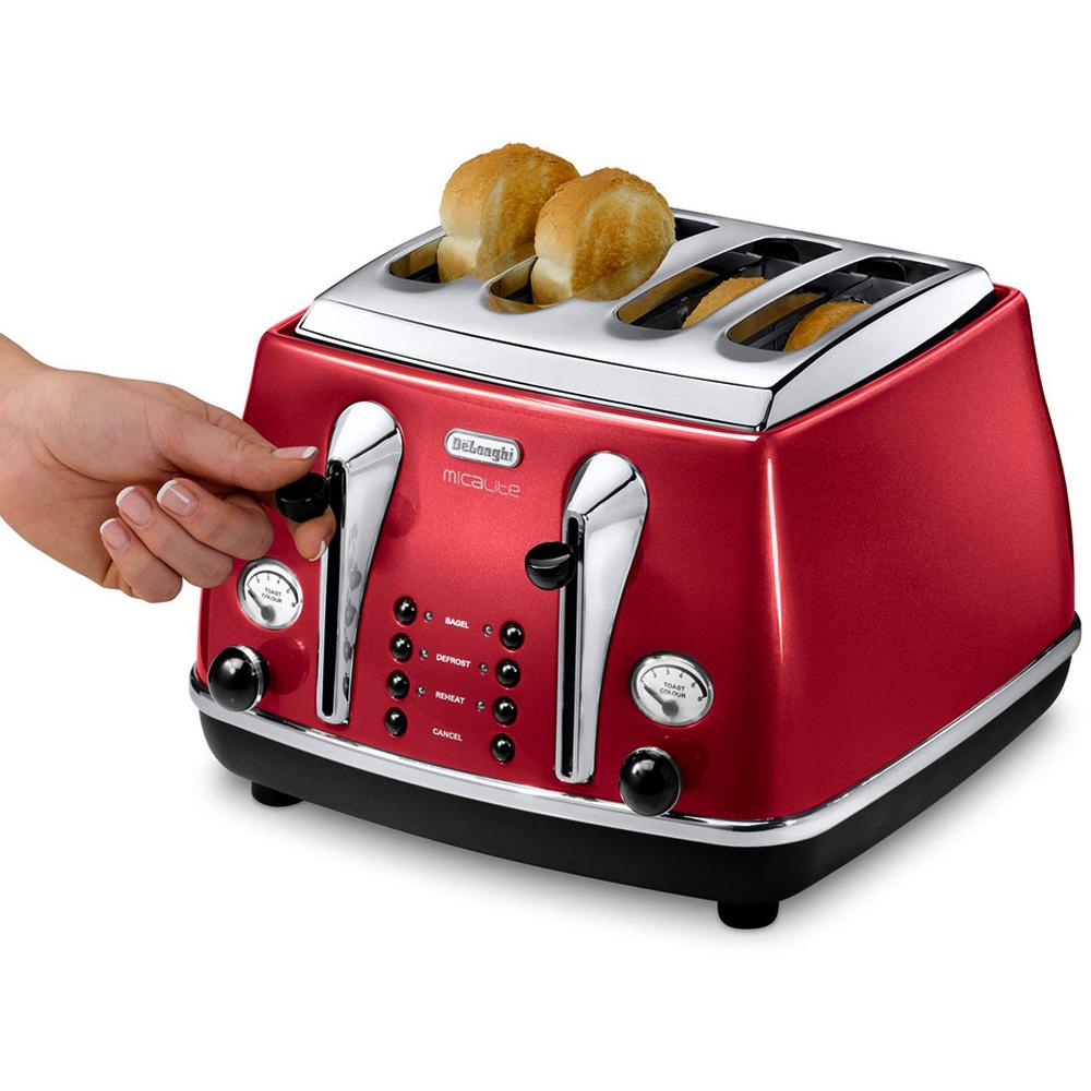 DeLonghi 4 Slice Red Toaster with 6 Browning Levels, Defrost & Reheat Functions – Stylish Retro Design | Keans Claremorris