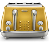 Delonghi Icona Capitals 4-slice yellow toaster with 6 browning settings, defrost, reheat, crumb tray – Keans Claremorris