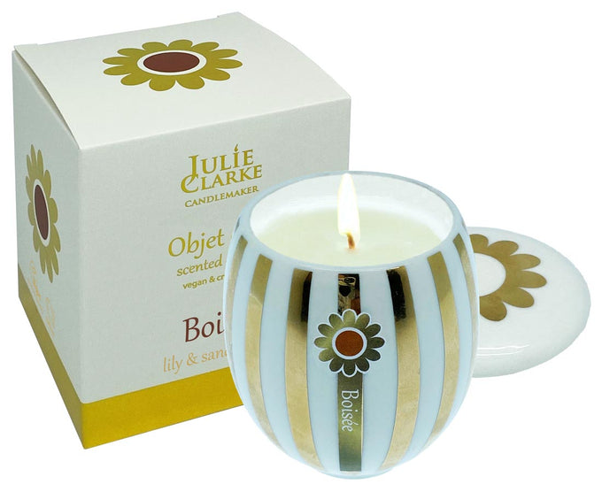 Julie Clarke Objet d’Or 150g candle with lily & sandalwood scent, vegan wax, 22ct gold porcelain, Keans Claremorris