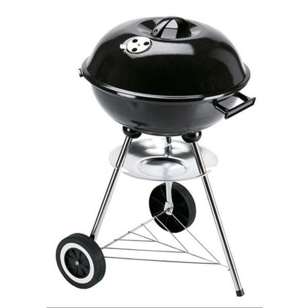 Charcoal Kettle BBQ 17" with porcelain enamel lid, chrome grill, ventilation disc, ash catcher, and wheels – Keans