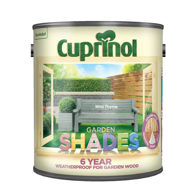 Cuprinol Garden Shades Wild Thyme 2.5L wood stain, rich matt finish, protects and colors garden wood, available at Keans
