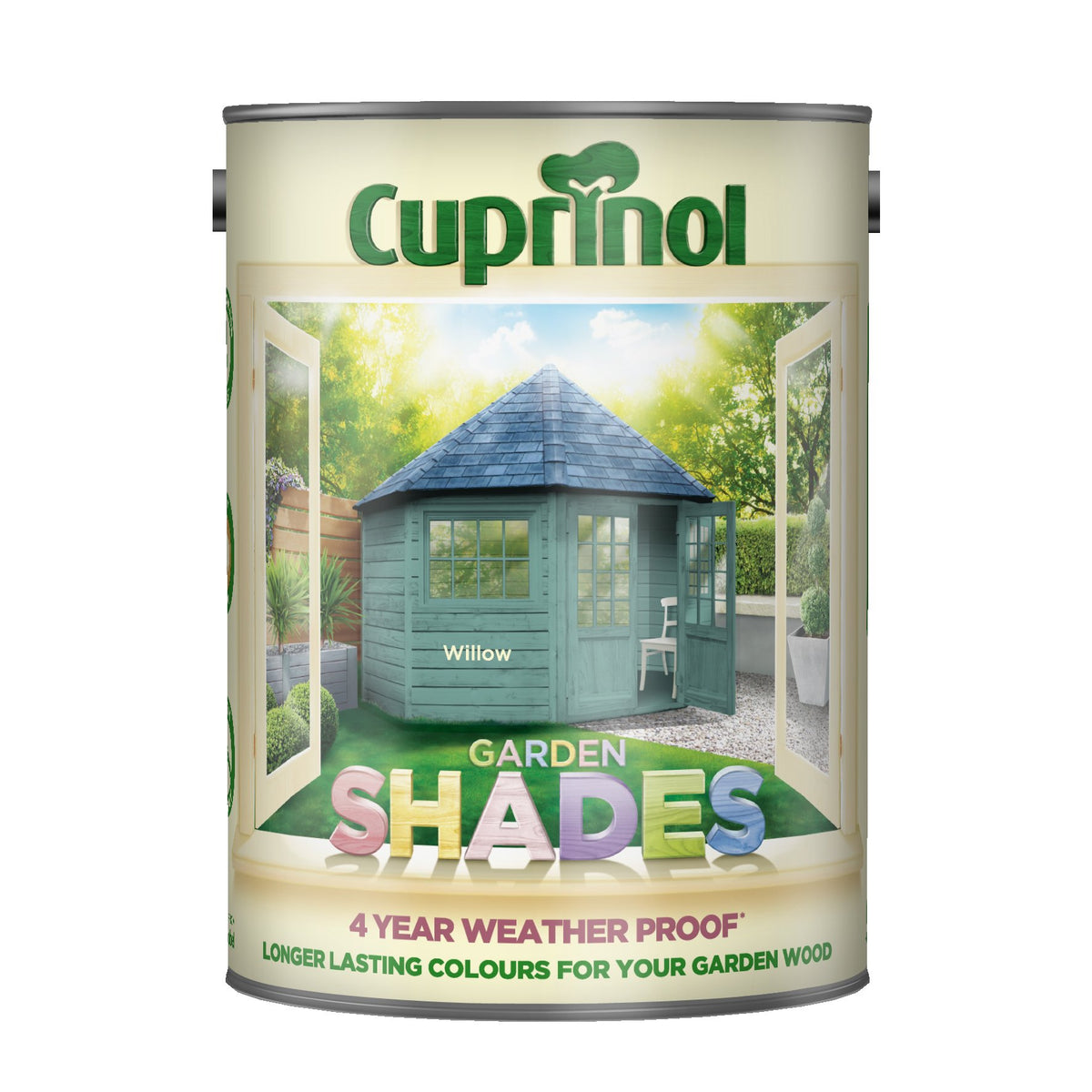Cuprinol Garden Willow 5L wood stain, rich matt finish, protects and colors garden sheds and fences, available at Keans