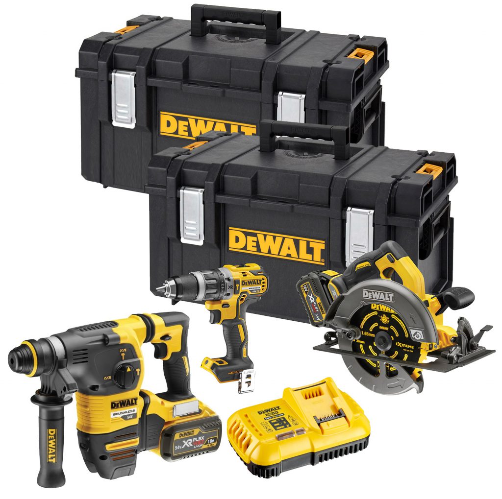 DEWALT DCK357T2 FlexVolt XR 3 Piece Kit with drill, hammer, circular saw, batteries, charger – available at Keans Claremorris