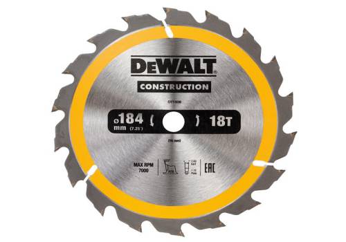 DEWALT 184mm 18T Circular Saw Blade with carbide teeth, ATB grind, for softwood & nails cutting - Keans Claremorris