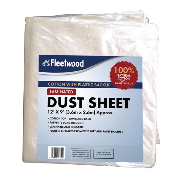 Fleetwood Laminated Dust Sheet 12x9 ft, cotton top with plastic backing, washable, reusable, dust and paint protection –