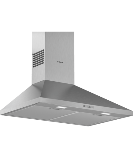 Bosch Serie 2 75cm stainless steel pyramid chimney cooker hood with LED lights, 3-speed extractor, dishwasher-safe filters –
