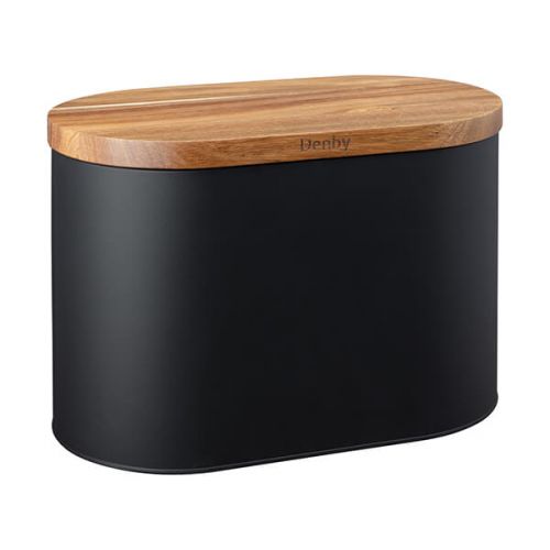 Denby Black Bread Bin with matt black galvanised steel body and Acacia wood lid, doubles as chopping board, Keans Claremorris