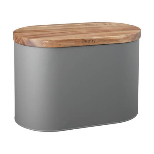 Denby Grey Bread Bin with Acacia Wood Lid, galvanised steel, matte finish, multifunctional, from Keans Claremorris