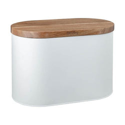 Denby White Bread Bin with matt white steel body and Acacia wood lid, multi-functional chopping board, at Keans Claremorris