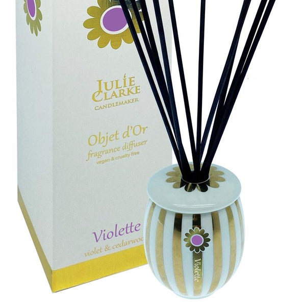 Julie Clarke Violet & Cedarwood Diffuser 150ml, porcelain with 22ct gold, lasts 18-20 weeks, handmade in Ireland – Keans