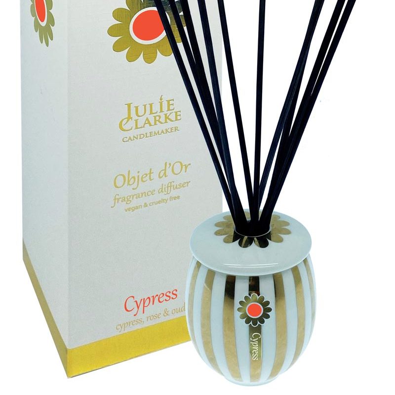 Julie Clarke Objet d’Or Diffuser 150ml with Cypress, Rose & Oud in 22ct gold porcelain, long-lasting scent, Keans Claremorris
