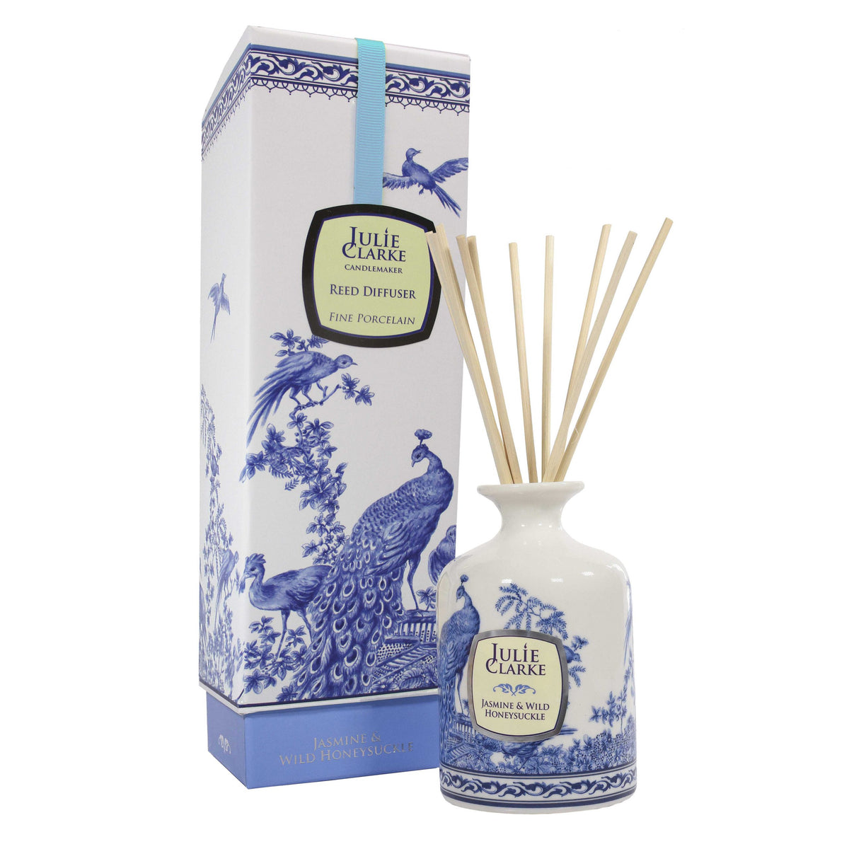 JC Peacock Diffuser 150ml Jasmine & Wild Honeysuckle in elegant porcelain vessel, vegan, cruelty-free, handcrafted in