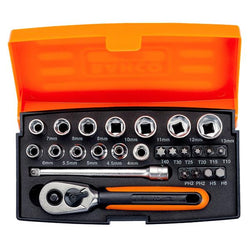 Bahco 1/4" Drive 25-Piece Metric Socket Set with quick-release ratchet, dynamic drive sockets, and durable case - Keans