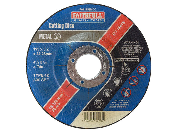 Faithfull 115mm x 3.2mm Metal Cutting Disc, Aluminium Oxide, EN 12413, for angle grinders - Keans Claremorris