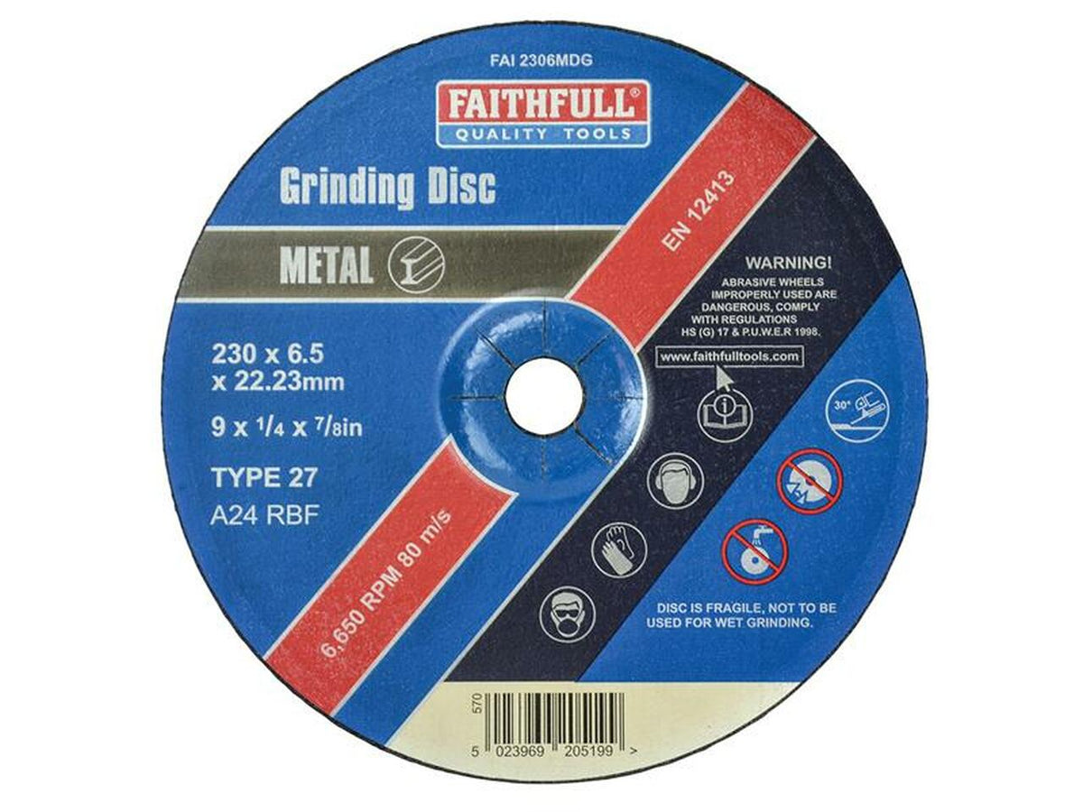 Faithfull 230mm Depressed Centre Metal Grinding Disc, 6.5mm thick, aluminium oxide, fibreglass reinforced – Kean’s
