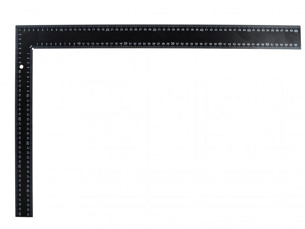 Faithfull Black Steel Roofing Square 400x600mm with metric/imperial markings and conversion chart, available at Kean’s