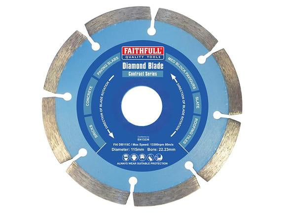 Faithfull Contract Diamond Blade 115x22.2mm, 7mm diamond segments, wet/dry cutting, for tiles & bricks, from Kean’s
