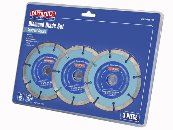 Faithfull Contract Diamond Blade Set 3-pack, 115mm x 22.2mm, 7mm diamond segments, wet & dry cutting, Kean’s Claremorris –