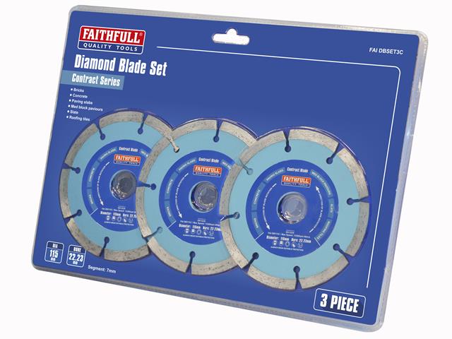 Faithfull Contract Diamond Blade Set 3-pack, 115mm x 22.2mm, 7mm diamond segments, wet & dry cutting, Kean’s Claremorris –