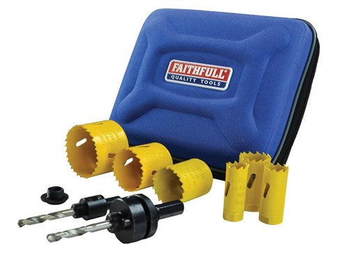 Faithfull 9-piece Varipitch Holesaw Kit 16-51mm, bi-metal, fast cutting, zip case, for electricians – available at Kean’s