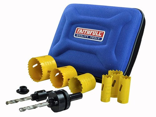 Faithfull Universal Varipitch Holesaw Plumber’s Kit 9-piece, bi-metal, variable pitch teeth, sizes 19-57mm, case included –