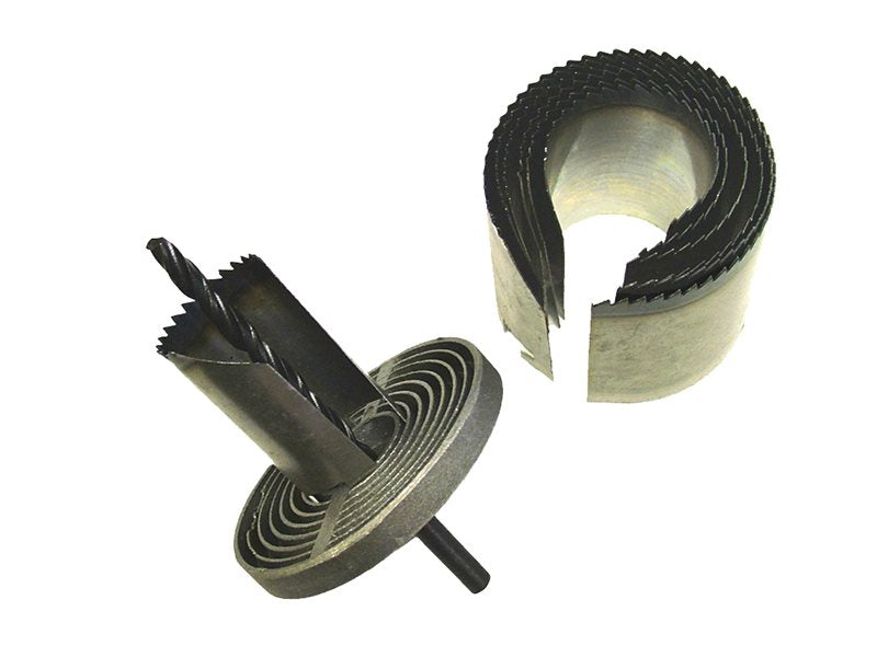 Faithfull 7-piece multi holesaw set (26-63mm) with pilot drill, cuts wood, plastics, metals, available at Kean’s