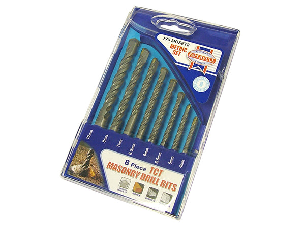 Faithfull 8-piece masonry drill bit set 4-10mm with tungsten carbide tips for impact drills, available at Kean’s