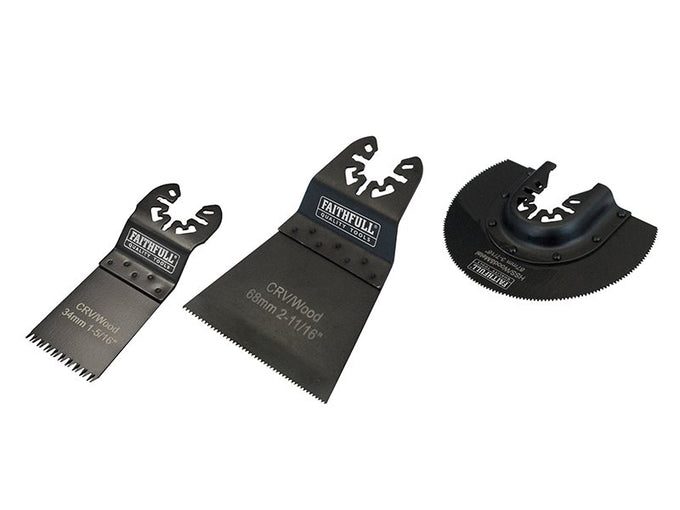 Faithfull 3-piece multi-function tool blade set, CrV steel, wood cutting, compatible with oscillating tools, available at