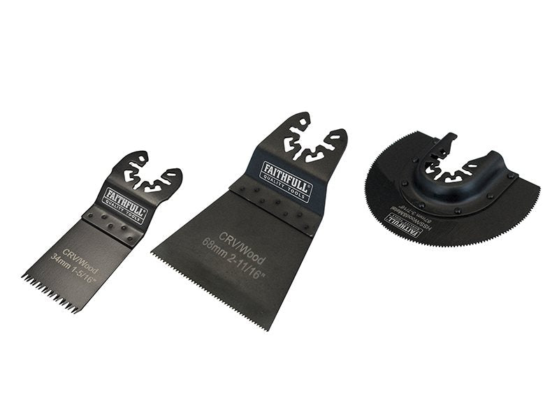 Faithfull 3-piece multi-function tool blade set, CrV steel, wood cutting, compatible with oscillating tools, available at