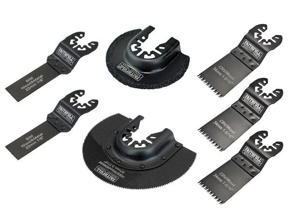 Faithfull 7-piece multi-function tool blade set with case for wood, metal, tile cutting; available at Kean’s Claremorris. –