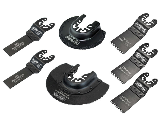 Faithfull 7-piece multi-function tool blade set with case for wood, metal, tile cutting; available at Kean’s Claremorris. –