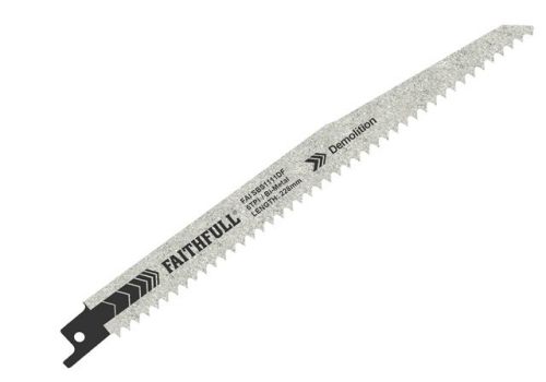 Faithfull S1111DF Bi-Metal Sabre Saw Blades 228mm 6 TPI Pack of 5 for demolition cutting, available at Kean’s Claremorris. –
