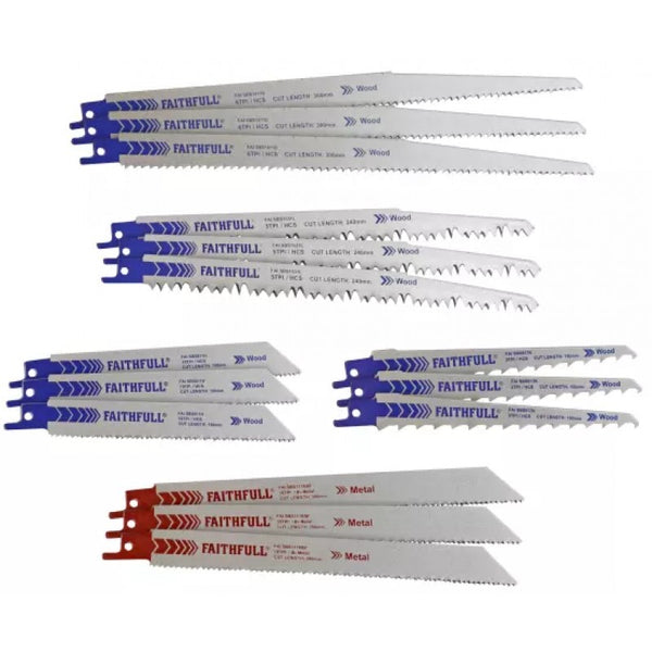 Faithfull 15-piece sabre saw blade set for wood, metal, pruning cuts, versatile and durable, available at Kean’s