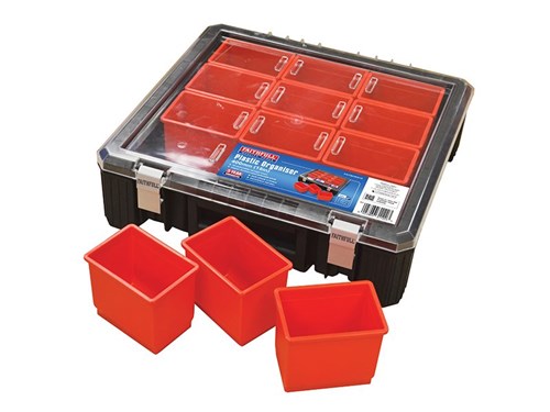Faithfull 12 Tray 15in Plastic Organiser with clear lid, aluminium clasps, anti-shock corners, from Kean’s Claremorris. –