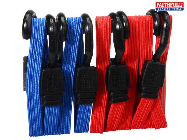Faithfull Flat Bungee Set 4 Piece with heavy-duty steel hooks, high-grade rubber core, durable polypropylene braid – Kean’s