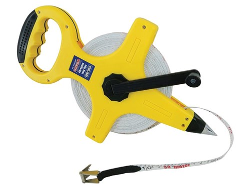 Faithfull 50m/165ft open frame fibreglass tape measure, dual scale, ABS case, folding handle – available at Kean’s