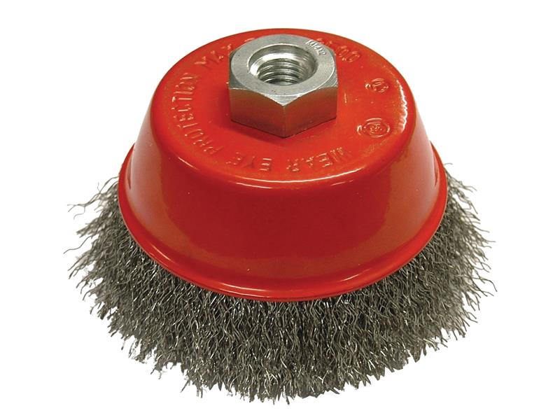 Faithfull Wire Cup Brush 100mm M14x2, 0.30mm steel wire for metal cleaning, rust removal, available at Kean’s Claremorris. –