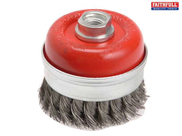 Faithfull 100mm Twist Knot Wire Cup Brush M14x2, 0.50mm steel wire for heavy-duty cleaning, available at Kean’s Claremorris.