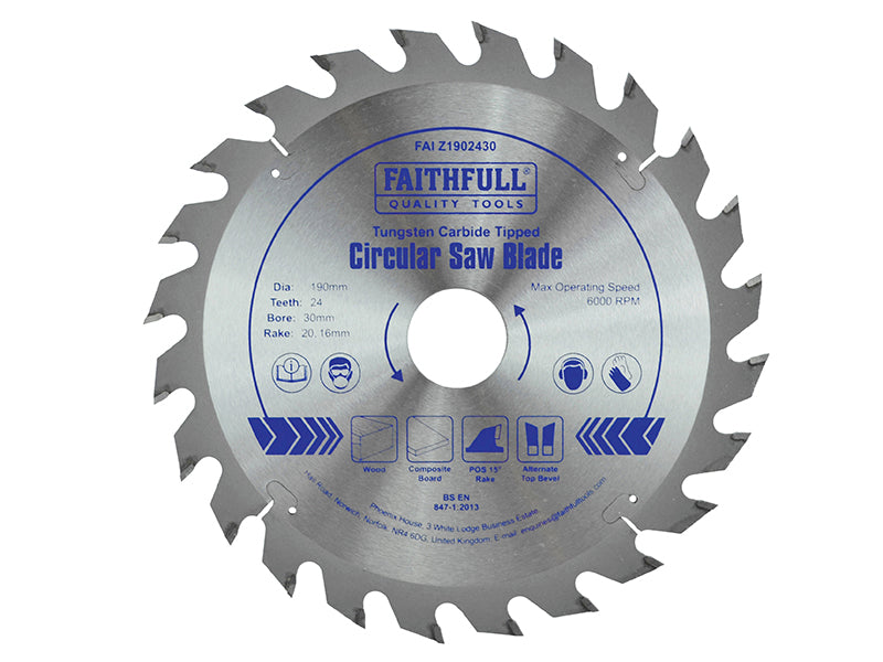 Faithfull TCT Circular Saw Blade 190mm 24T POS with tungsten carbide tips, laser-cut slots for fast rip cutting – Kean’s