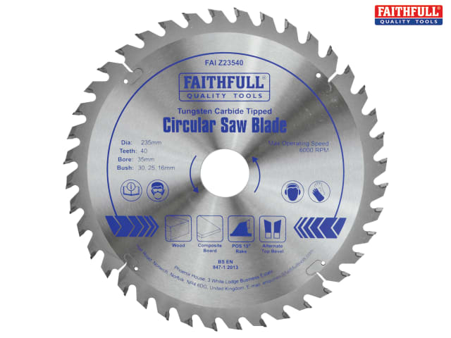 Faithfull TCT Circular Saw Blade 235mm 40T POS, tungsten carbide teeth, laser-cut slots for fine cross cuts – Kean’s