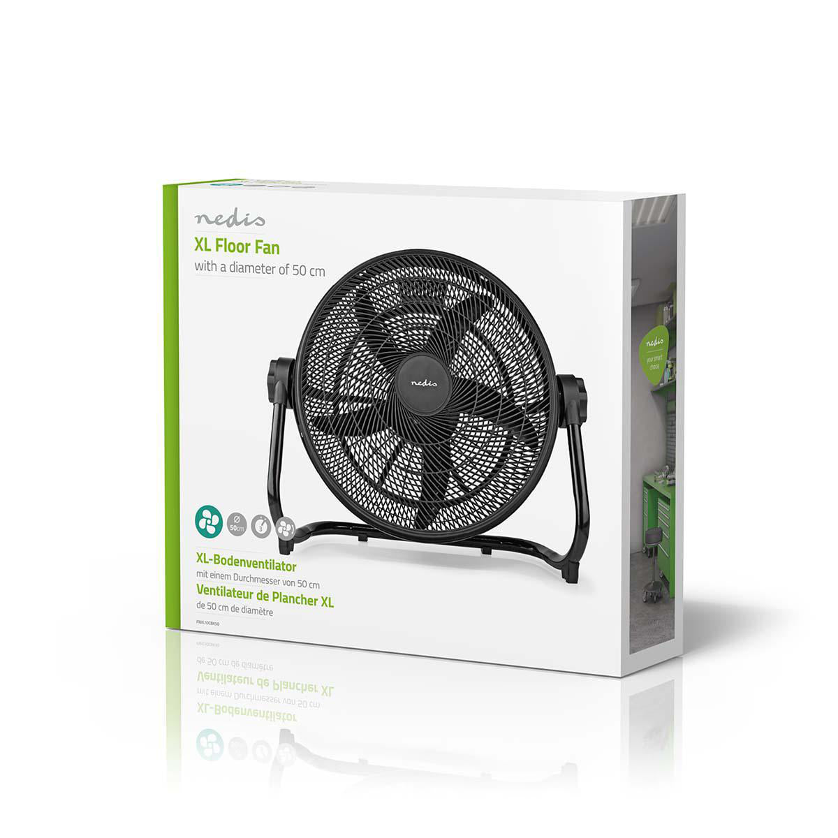 Nedis 3 Speed 50cm XL Floor Fan with adjustable height – powerful cooling, available at Keans Claremorris.