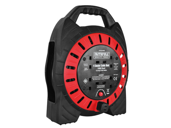Faithfull 10m Semi-Enclosed Cable Reel 240V 13A with 4 shuttered sockets, thermal protection, flat base – available at