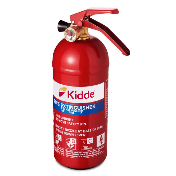 Kidde 1KG multi-purpose fire extinguisher with 8A 34BC rating, pressure gauge, 6-year warranty – Keans Claremorris.