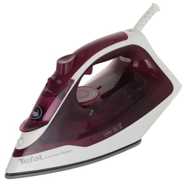 TEFAL Express Steam FV2869 iron, 2600W, ceramic soleplate, 270ml tank, auto shut-off, white & red – Keans Claremorris