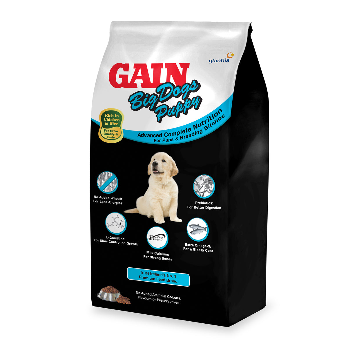 Gain Elite Big DogFood Puppy 3kg bag with omega 3 & 6 for glossy coat, protein for weight control, from Keans Claremorris.