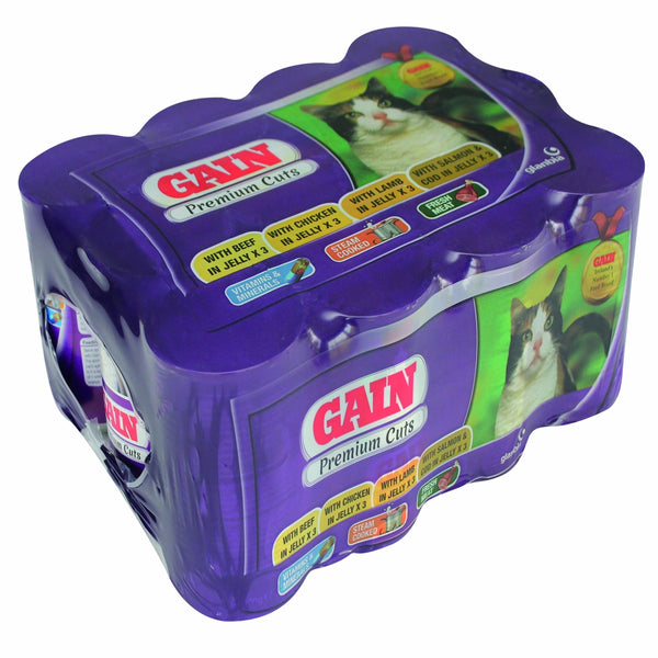 Gain Cat Premium Cuts 12x400g cans with beef, chicken, lamb, salmon in jelly, vitamins & minerals - Keans Claremorris