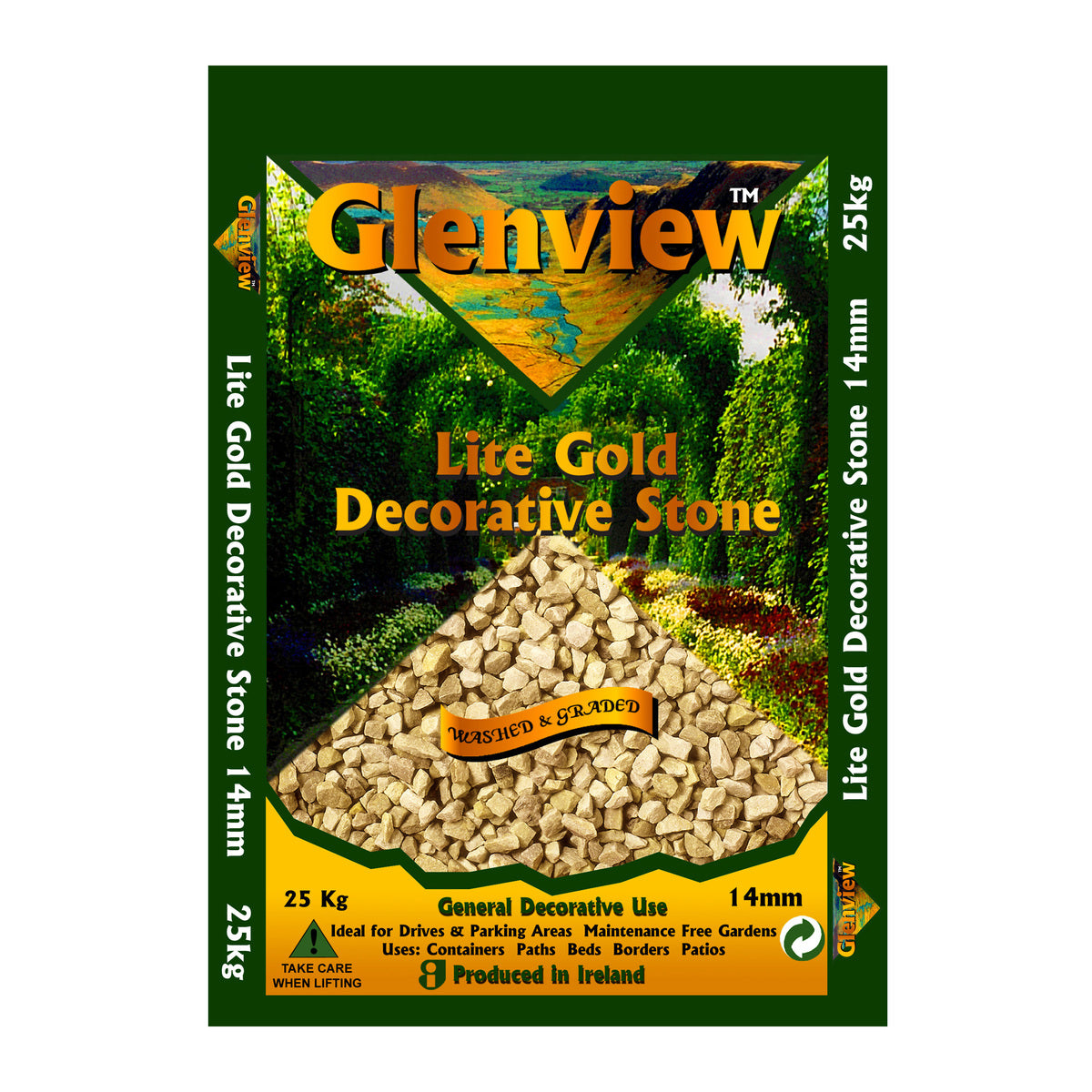 Glenview Lite Gold 14mm stone 25kg bag, pale gold gravel for garden decoration, available at Keans Claremorris.