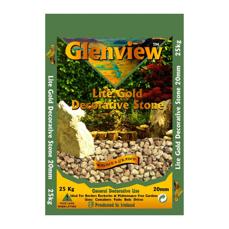 Glenview Lite Gold 20mm pale gold gravel 25kg bag, decorative garden stone, Keans Claremorris local delivery