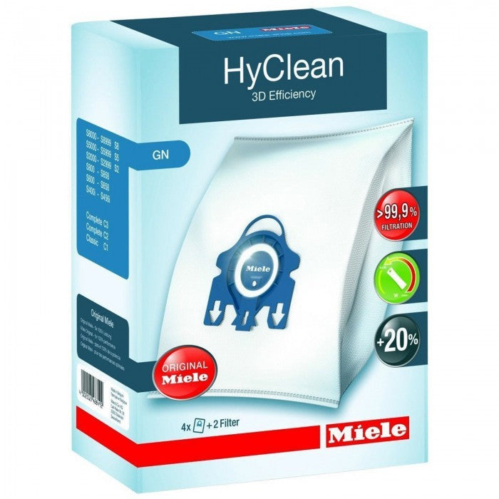 Miele GN HyClean 3D Efficiency Dustbags with 99.9% filtration, automatic closure, filters included – available at Kean’s