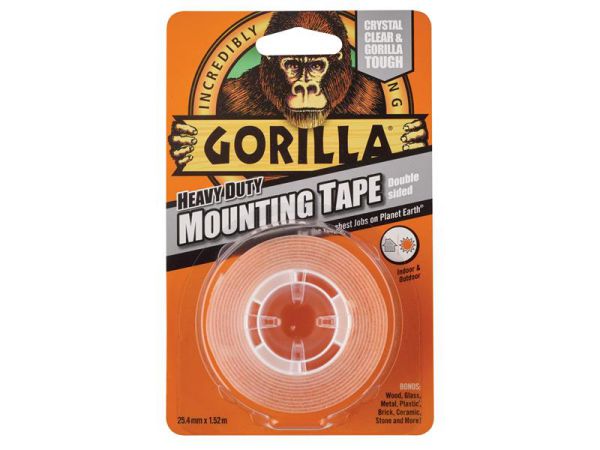 Gorilla Heavy-Duty Clear Mounting Tape 25.4mm x 1.52m, strong weatherproof double-sided adhesive, Keans Claremorris
